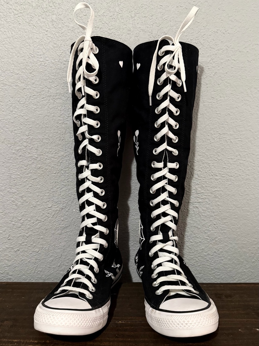 All Star Black Lace-Up Knee High Converse Sneakers with White Accents. Size 7